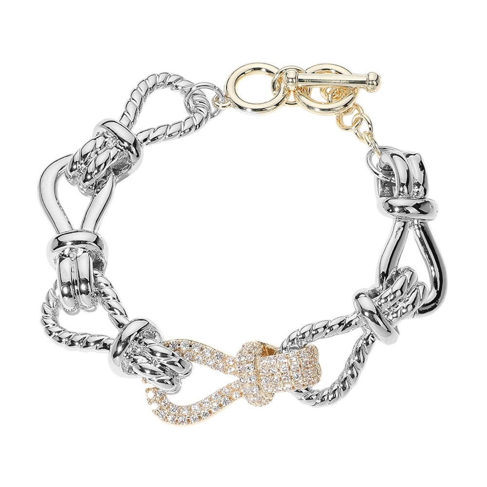14K Gold Plated Two Tone CZ Stone Pave Rope Link Chain Bracelet Toggle Closure